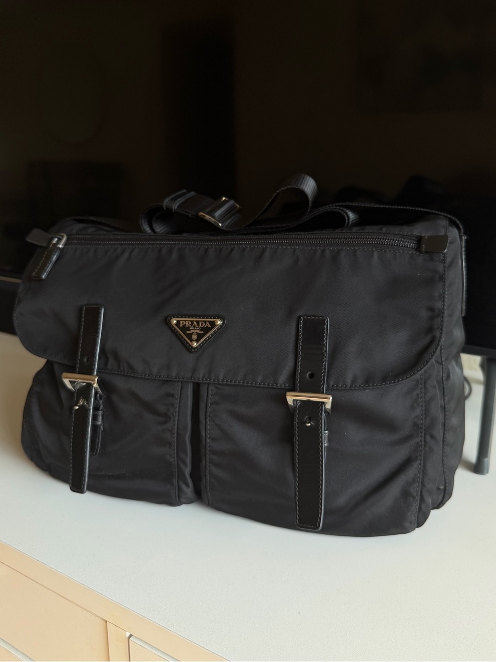 Y2K Prada Black Nylon Messenger Bag with Leather Trim crossbody